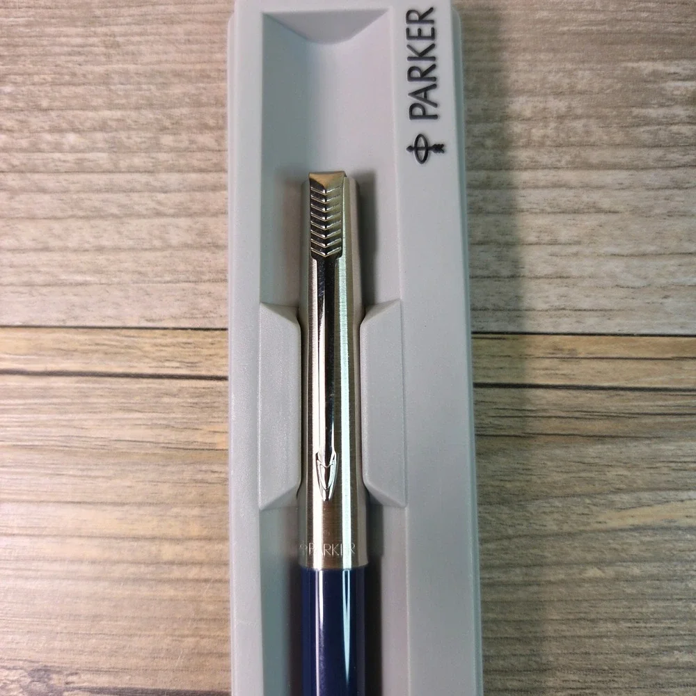 Parker Jotter Ballpoint Pen Navy Blue Silver Retractable Click Office Gift Case